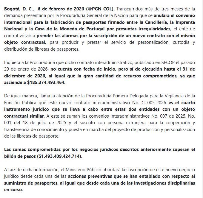 En febrero de 2026, la Procuraduría General de la Nación advirtió sobre la suscripción de un nuevo contrato interadministrativo para la producción y personalización de pasaportes - crédito Procuraduría