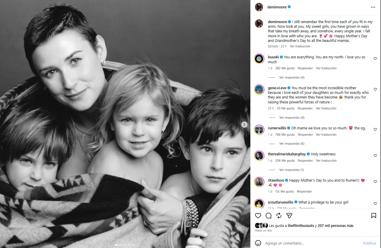 Demi Moore dedicó un mensaje a sus hijas en Instagram y recordó el momento en que cada una