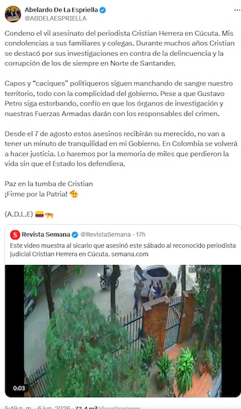 Abelardo de la Espriella acusó permisividad del gobierno tras homicidio de Cristian Herrera - crédito @ABDELAESPRIELLA/X
