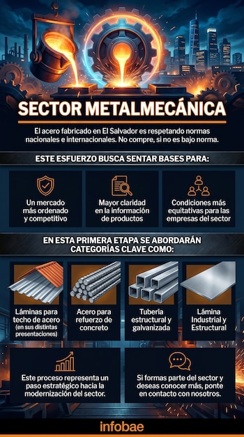 Infografía del sector metalmecánico muestra metal fundido, engranajes, edificios, y texto sobre estándares de acero, mercado, categorías de productos y modernización.