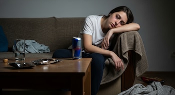 Una mujer sentada en un sofá con una bebida energética, un vaso de agua y envoltorios de alimentos sobre una mesa de madera.