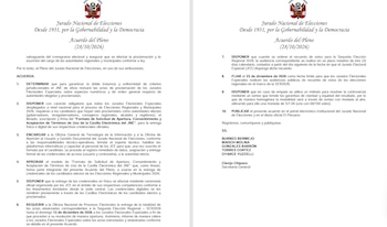 Dos páginas de un documento oficial con el escudo de Perú, diez artículos numerados y una lista de nombres de autoridades firmantes