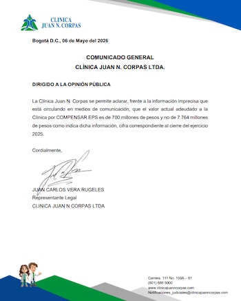 La clínica Juan N. Corpas aclaró que la EPS Compensar no les adeuda más de $7.000 millones, sino que la cifra real es de $700 millones - crédito Clínica Juan N. Corpas