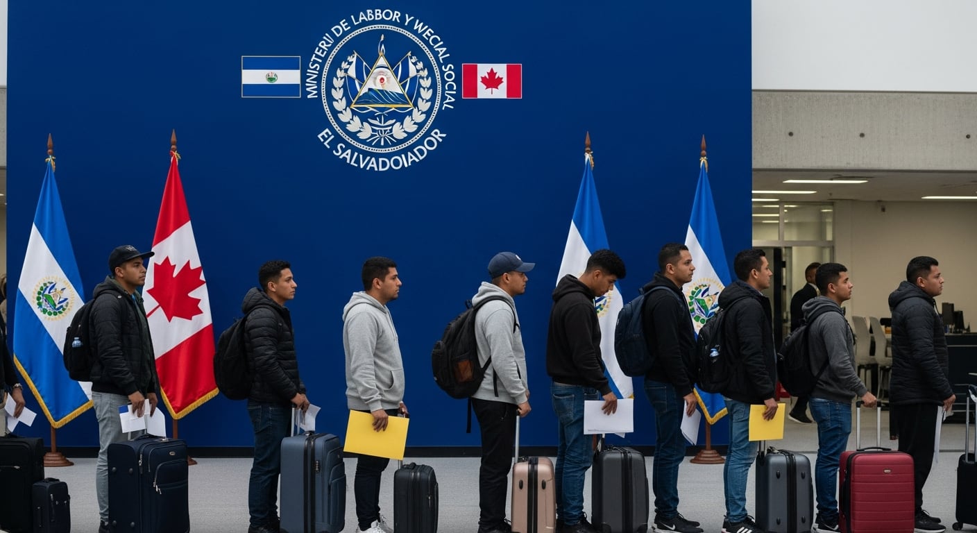 Un grupo de hombres salvadoreños hace fila con documentos y maletas en las oficinas del Ministerio de Trabajo de El Salvador, con banderas de El Salvador y Canadá al fondo, para un programa de trabajo temporal. (Imagen Ilustrativa Infobae)