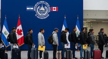 Hombres salvadoreños en fila con documentos y equipaje de mano. Detrás, un muro azul con el logo del Ministerio de Trabajo de El Salvador y banderas de El Salvador y Canadá.