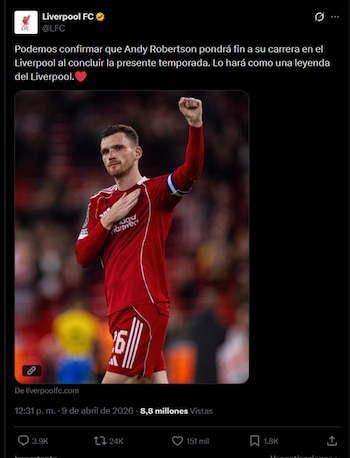 El lateral izquierdo del Liverpool no continuará su carrera en la temporada 2026-2027 con el cuadro rojo-crédito @LFC/X