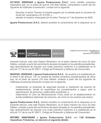 Documento con el logotipo de Indecopi y párrafos de texto sobre sanciones administrativas a una empresa de eventos