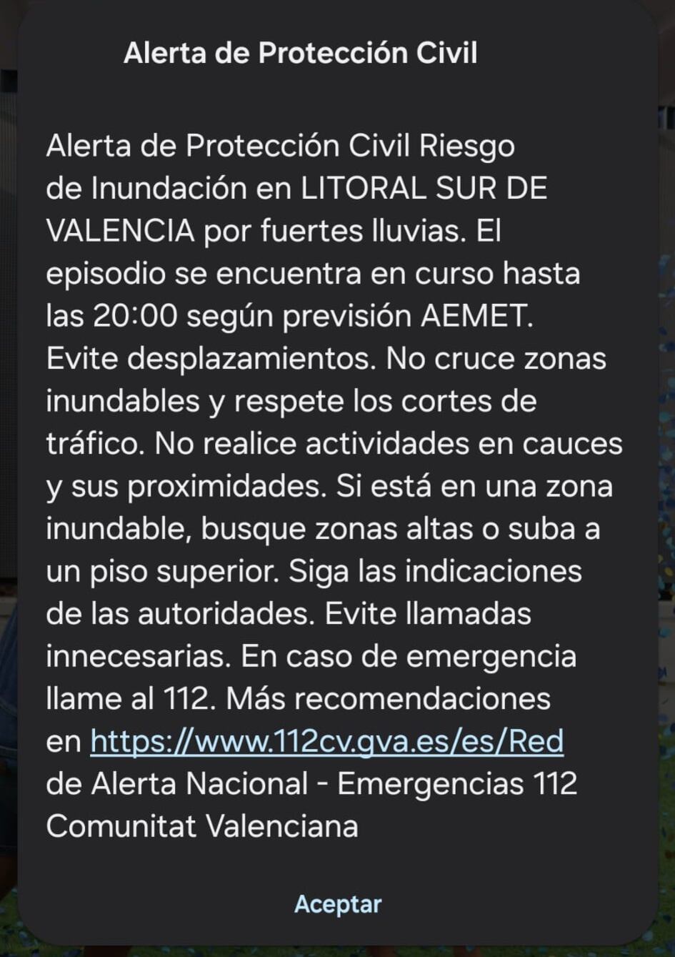El mensaje de alerta enviado a los móviles del litoral sur de la provincia de Valencia. (Generalitat/X)