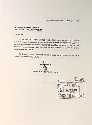 Con este oficia, Fuentes Solís