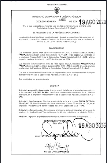 Este es el decreto mediante el cual el Miniserio de Hacienda designó a Diana Bravo como nueva presidenta de la SAE - crédito Ministerio de Hacienda