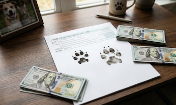 Formulario de impuestos 1040 con dos huellas de patas de perro en el centro, rodeado de fajos de billetes de cien dólares sobre un escritorio de madera. Hay una taza y un bolígrafo al fondo