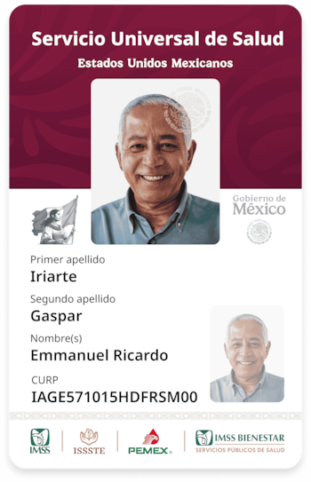 La versión digital de la credencial en la App MX incluirá la institución de derechohabiencia y la clínica asignada, además de los datos que aparecen en la versión física. (Imagen: Gobierno de México).