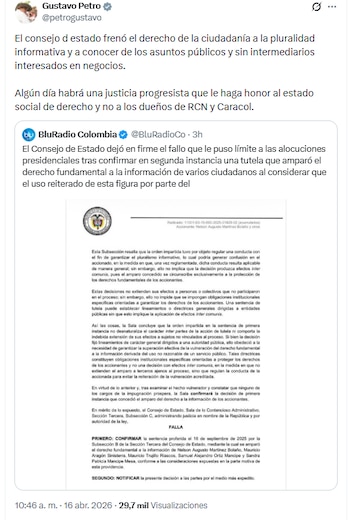 El presidente de la República señaló que el auto emitido por el máximo tribunal vulnera los derechos de los colombianos a la pluralidad informativa - crédito @petrogustavo/X