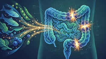Ilustración científica de un colon humano azul con alimentos como pescado, guisantes, arándanos y hojas verdes transformándose en partículas luminosas. Se observan destellos dorados eliminando células dañadas en la pared del colon.