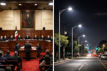 Fotografía dividida. A la izquierda, el pleno de la SCJN con magistrados y audiencia. A la derecha, una calle urbana de noche con múltiples farolas LED encendidas.