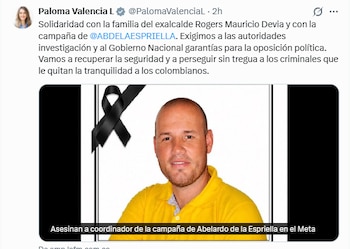 La candidata presidencial por el Centro Democrático expresó solidaridad con la familia del exalcalde Rogers Mauricio Devia y pidió garantías para la oposición política - crédito @PalomaValenciaL/X