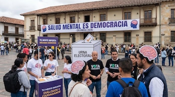 Personas en una plaza con un edificio colonial de fondo. Hay un cartel que dice "Salud Mental es Democracia", una urna electoral y stands de información.
