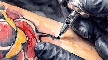 Ilustración de una mano con guante negro sujetando una máquina de tatuar sobre un brazo, delineando un diseño con colores rojo, amarillo y negro.