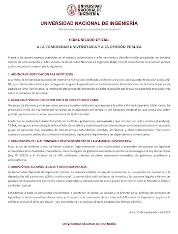 La universidad sostiene una versión contrapuesta sobre el incidente del lunes, pues asegura que la exvicerrectora intentó ingresar por la fuerza y que se produjeron daños en accesos del campus - Créditos: UNI.