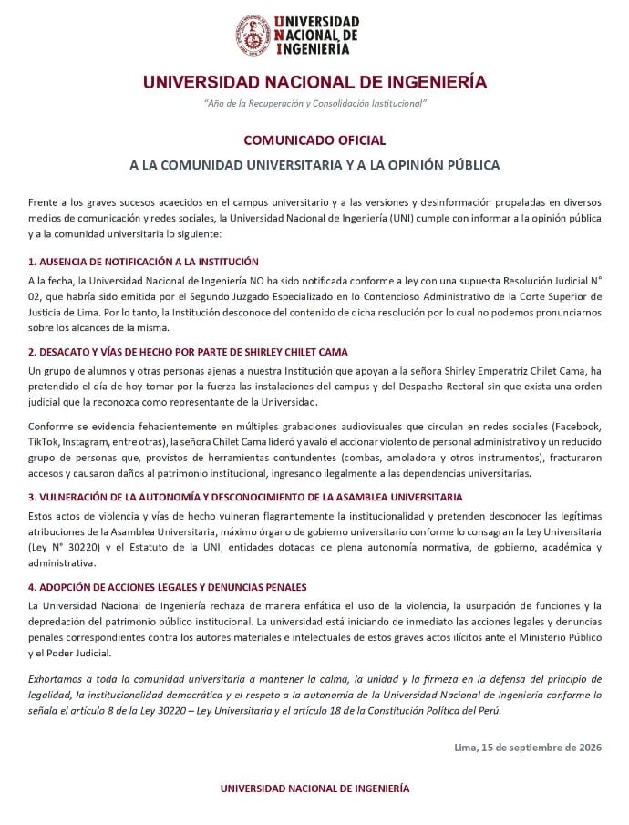La universidad sostiene una versión contrapuesta sobre el incidente del lunes, pues asegura que la exvicerrectora intentó ingresar por la fuerza y que se produjeron daños en accesos del campus - Créditos: UNI.