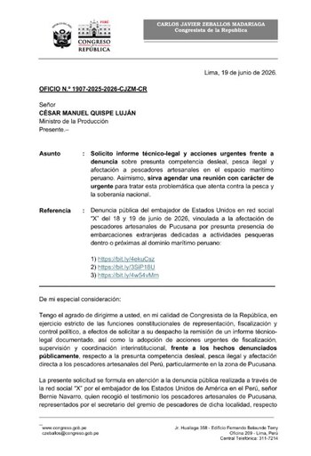 El congresista Carlos Javier Zeballos Madariaga ha remitido un oficio al ministro de la Producción, César Manuel Quispe Luján, manifestando su profunda preocupación ante la persistencia de flotas pesqueras extranjeras