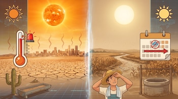 Dos paneles ilustran diferencias climáticas: izquierda, sol intenso, termómetro y sequía en ciudad; derecha, sol, calendario sin lluvia, campo seco y granjero.