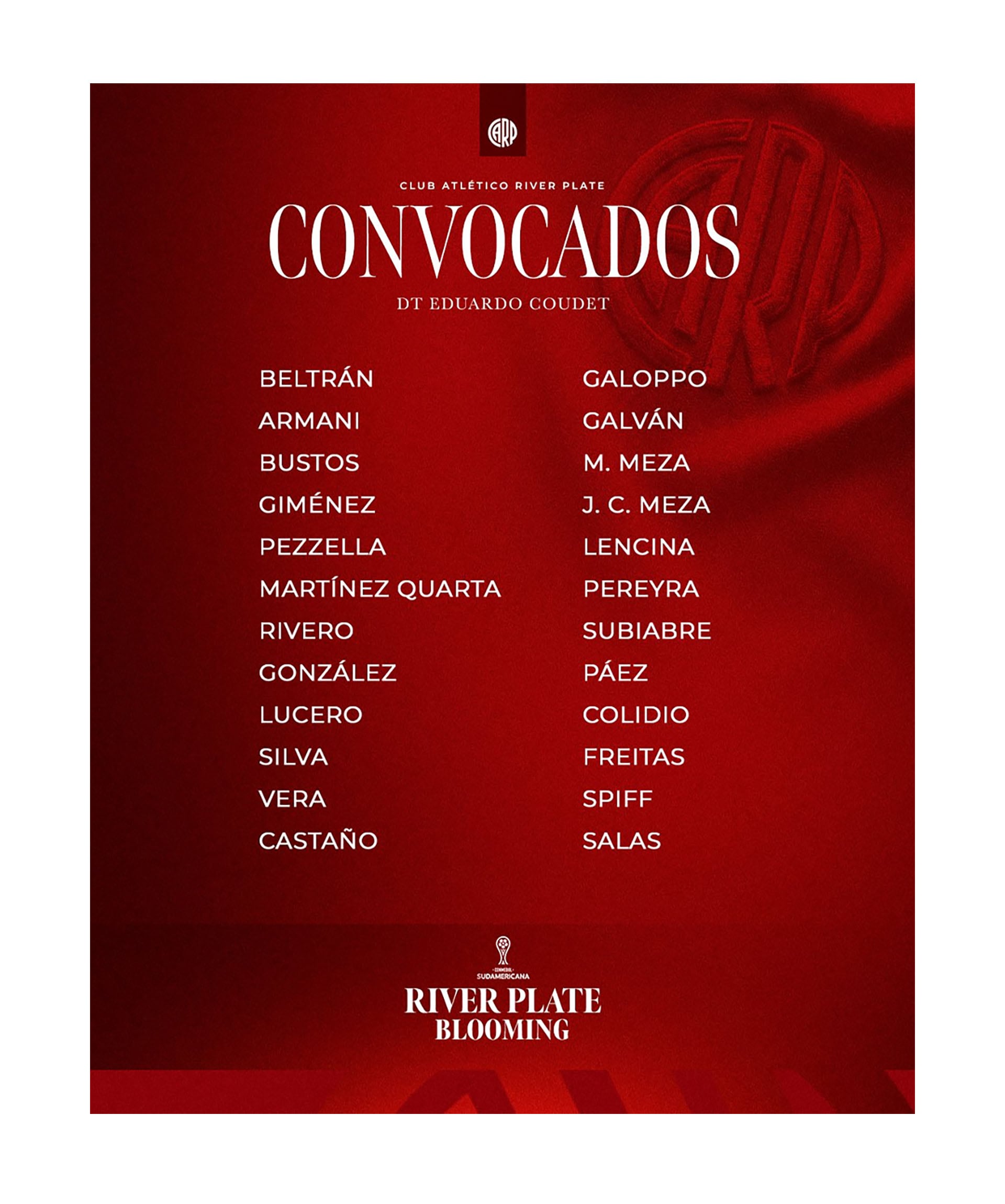 El Club Atlético River Plate ha publicado oficialmente la lista de jugadores convocados por el DT Eduardo Coudet para el enfrentamiento contra Blooming en la CONMEBOL Sudamericana.