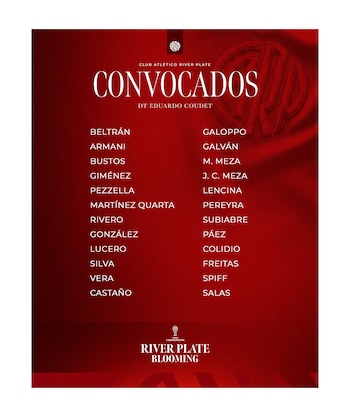 Gráfico rojo con texto blanco que muestra el escudo de River Plate y la lista de veinticinco jugadores convocados para el partido contra Blooming