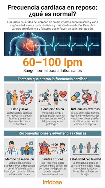 Infografía sobre la frecuencia cardíaca en reposo. Muestra un torso humano con un corazón brillante, un ECG, y secciones sobre factores que la alteran y recomendaciones clínicas.