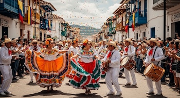 Un desfile festivo en una calle colonial con bailarines en trajes vibrantes, hombres tocando tambores y una multitud de espectadores, con confeti cayendo.