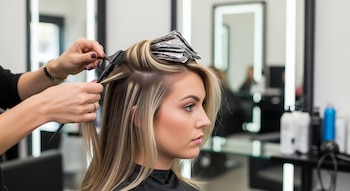 Manos de estilista aplicando tinte o reflejos con pincel y papel de aluminio a la cabeza de una mujer rubia en una peluquería.