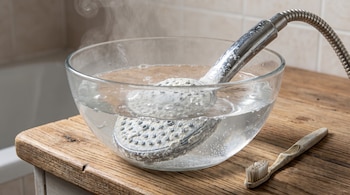 Cabezal de ducha metálico con sarro en bol de vidrio con agua caliente y vapor, cepillo de dientes sobre madera.