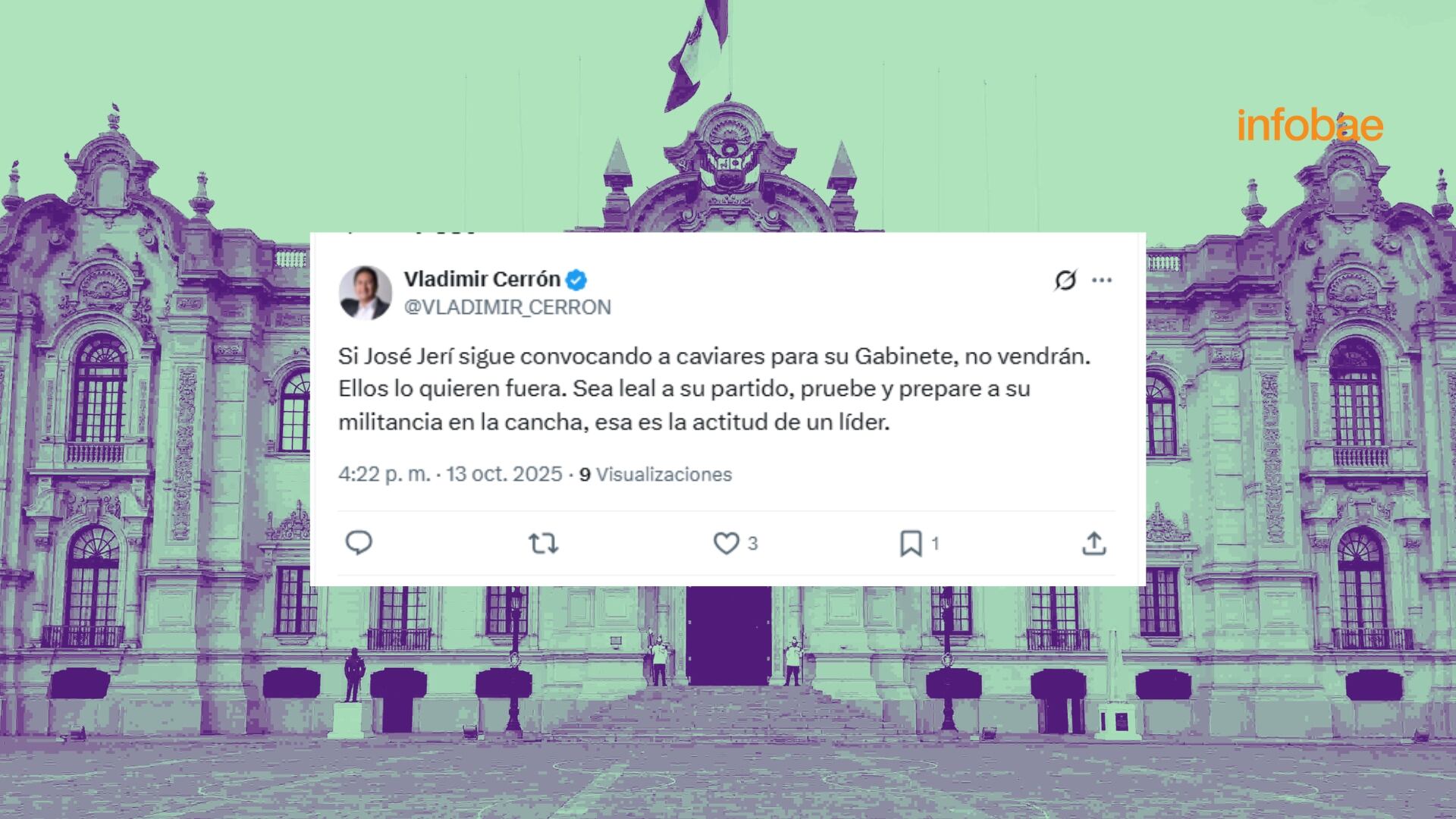 Tuit de Vladimir Cerrón sobre la situación del nuevo gabinete de José Jerí