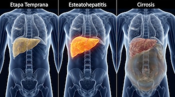 Tres ilustraciones de torsos humanos transparentes con el hígado en tres etapas de enfermedad: temprana, esteatohepatitis y cirrosis.