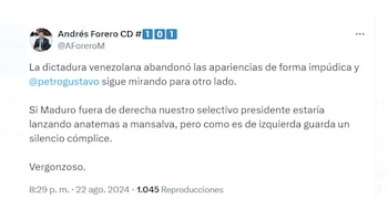 Andrés Forero señaló que el silencio de Gustavo Petro sobre la dictadura venezolana refleja una actitud de complicidad - crédito @AForeroM/X