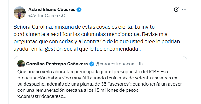 Astrid Cáceres rechazó las acusaciones de Carolina Restrepo y aseguró que las afirmaciones realizadas en su contra no corresponden a la realidad - crédito @AstridCaceresC/X
