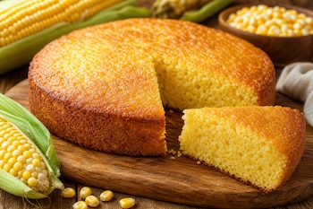 Pan de elote dorado sobre una tabla de madera con una rebanada servida, junto a mazorcas y granos de maíz.