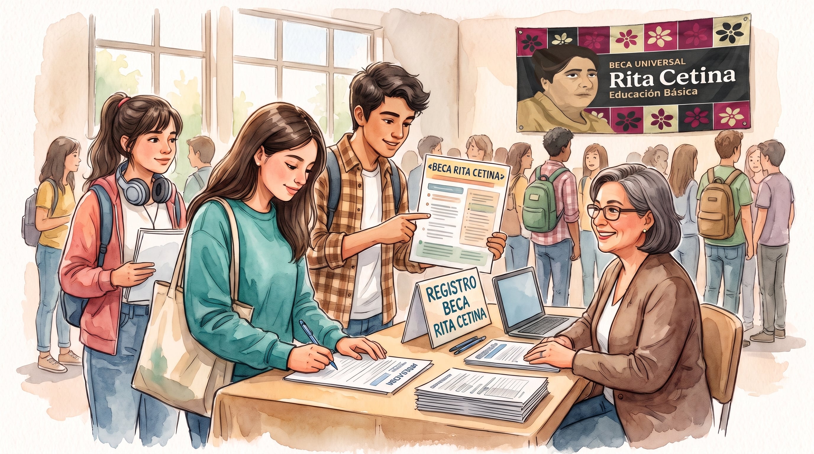 Varios estudiantes realizan el trámite de inscripción para la Beca Universal Rita Cetina ante una encargada en un módulo de atención escolar. (Imagen Ilustrativa Infobae)