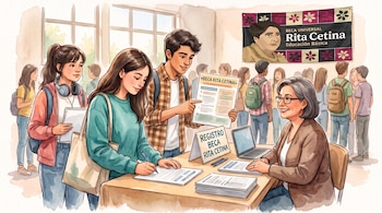 Ilustración de jóvenes en una mesa de registro con documentos ante una mujer, frente a un cartel con el texto Beca Rita Cetina.
