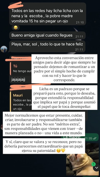 Captura de pantalla de una conversación de WhatsApp con mensajes de texto en español sobre la paternidad y las responsabilidades parentales