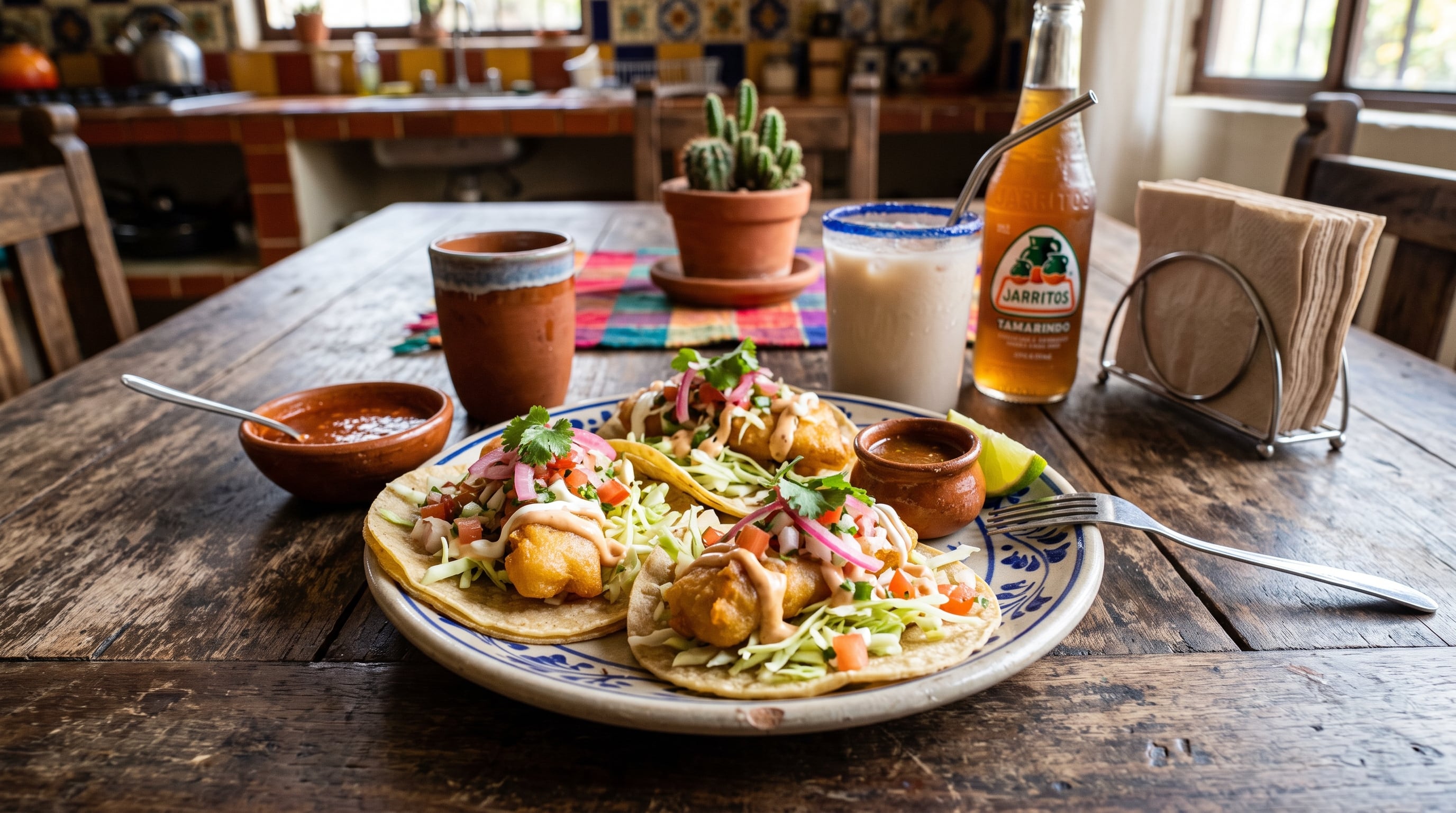 Un plato con tres tacos de pescado estilo Ensenada reposa sobre una mesa de madera junto a salsas, bebidas y aderezos tradicionales. (Imagen Ilustrativa Infobae)