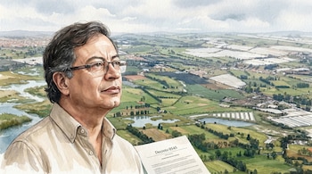 Acuarela: Gustavo Petro con camisa beige y gafas mira la Sabana de Bogotá con humedales, campos verdes y zonas urbanas, sosteniendo un documento "Decreto 0545".