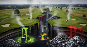 Campo de golf con golfistas, grieta profunda, barriles con líquidos brillantes, vertidos de colores, pilas de residuos electrónicos y vapor.