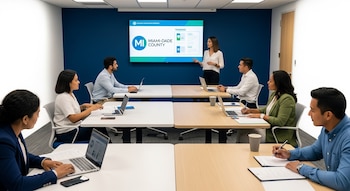 Siete personas en un salón: una instructora de pie junto a una pantalla con el logo de Miami-Dade County y seis asistentes sentados en mesas con laptops y papeles.