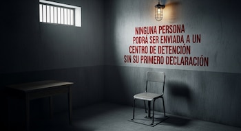 Habitación con paredes de concreto, ventana con barrotes, lámpara, mesa de madera, silla metálica y texto rojo sobre derechos legales en la pared.
