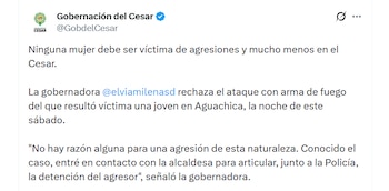 Las autoridades rechazaron el ataque que dejó como víctima fatal a la joven mujer - crédito Gobernación del Cesar / X