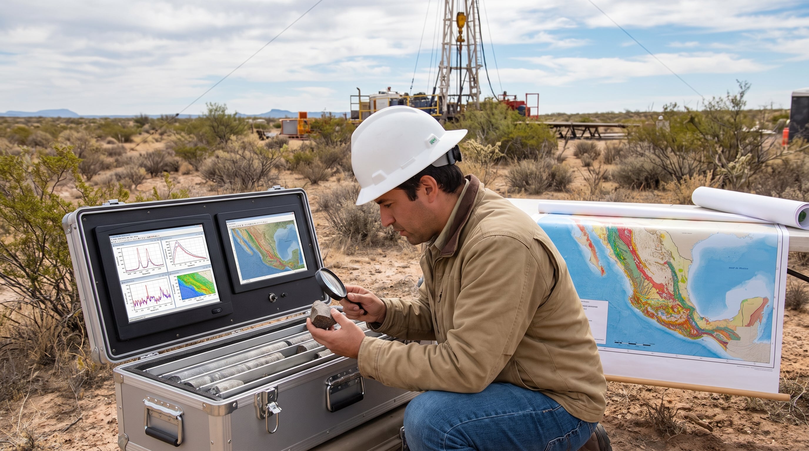 Un geólogo analiza muestras de roca y datos digitales en el campo mientras evalúa la viabilidad de la fracturación hidráulica en México, con un equipo de perforación al fondo. (Imagen Ilustrativa Infobae)