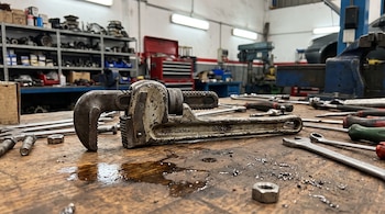 Una llave de tubo metálica está sobre una mesa de madera. Se observan otras herramientas, tornillos, tuercas, manchas de aceite y virutas metálicas.