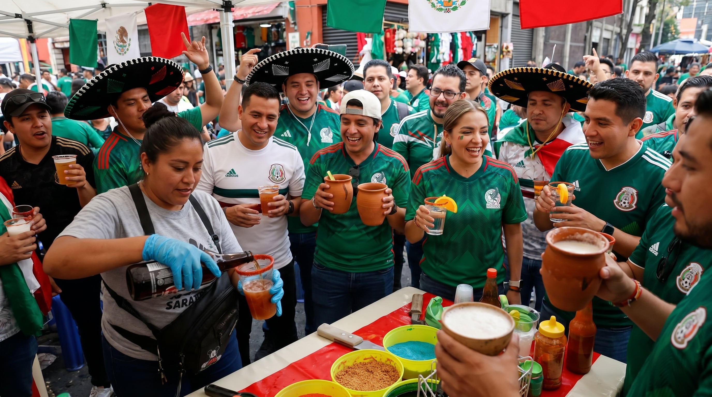 Turistas y locales disfrutan de micheladas y pulque en un ambiente festivo, preparándose para el inicio del Mundial 2026 en México con alegría y tradiciones culinarias. (Imagen Ilustrativa Infobae)