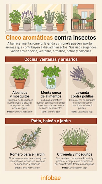 Infografía sobre plantas aromáticas con macetas en una ventana y recuadros ilustrados de albahaca, menta, lavanda, romero y citronela.